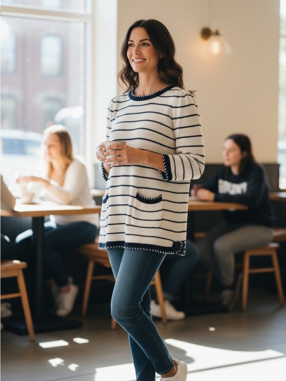 Wrap Brand Navy/Tan Striped Sweater – 100% Cotton/Baumwolle- Size S